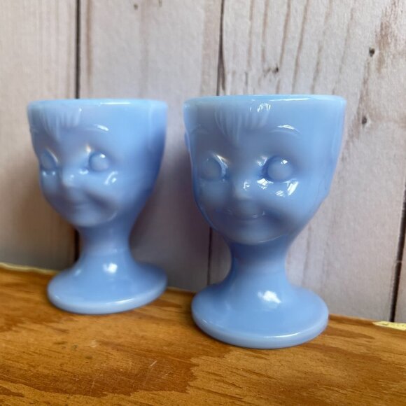 Guernsey Delphite Blue Hummel Child Face Egg Cup Set of 2 NEW Vintage Deadstock - Picture 3 of 10